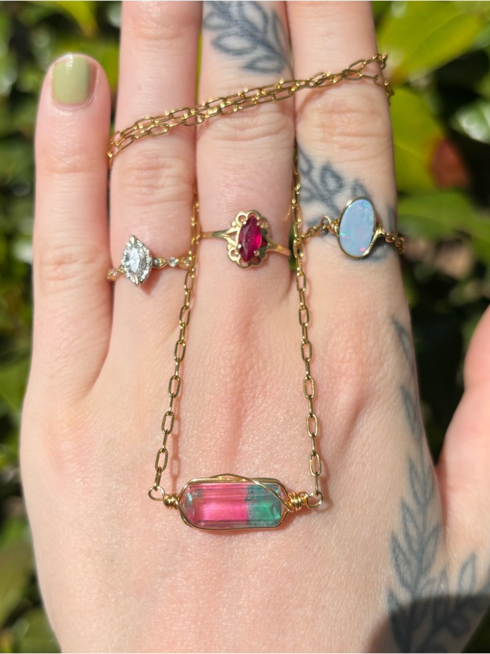 Lab created watermelon tourmaline built in necklace